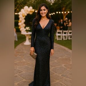 Mac Duggal Midnight Black and Blue Sequin Gown Size 6
